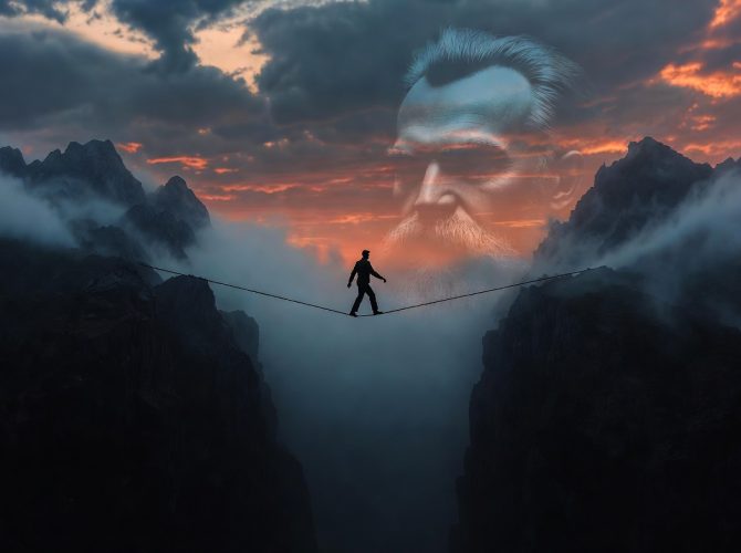 Nietzsche'nin Böyle Buyurdu Zerdüşt kitabındaki ip cambazı metaforu ve Üstinsan kavramını temsil eden illüstrasyon.