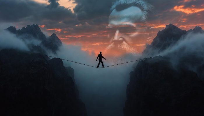 Nietzsche'nin Böyle Buyurdu Zerdüşt kitabındaki ip cambazı metaforu ve Üstinsan kavramını temsil eden illüstrasyon.